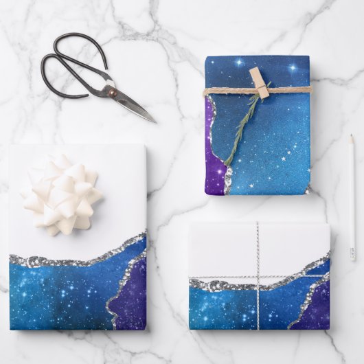アゲートブルーパープルピンクシルバーファンシーグリッター ラッピングペーパーシート (正面)