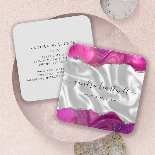 アゲートマゼンタシルバーグリッターシルクラウンドコーナーズ スクエア名刺