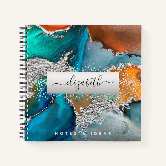アゲート水色シルバーターコイズオレンジスクエア ノートブック (正面)