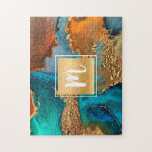 アゲート水色モノグラム金ゴールドターコイズオレンジ ジグソーパズル (縦)