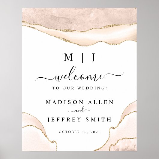 アゲート赤面と金ゴールドグリッター結婚のウェルカムサイン ポスター (正面)