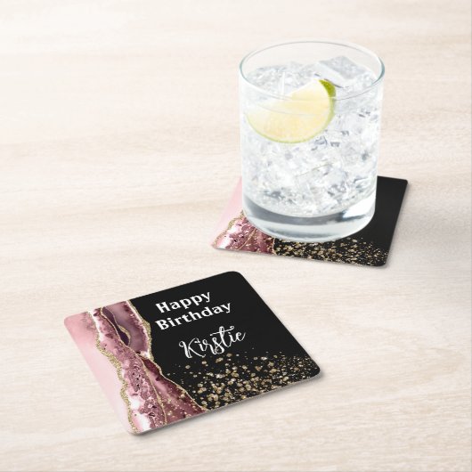 アゲート赤面ピンクブラックバラ金ゴールドグリッター誕生日 スクエアペーパーコースター (インサイチュ)