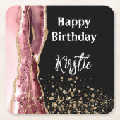 アゲート赤面ピンクブラックバラ金ゴールドグリッター誕生日 スクエアペーパーコースター (正面)