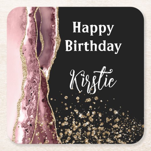 アゲート赤面ピンクブラックバラ金ゴールドグリッター誕生日 スクエアペーパーコースター (正面)