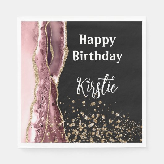 アゲート赤面ピンクブラックバラ金ゴールドグリッター誕生日 スタンダードランチョンナプキン (正面)