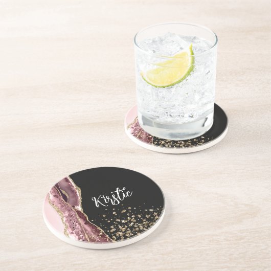 アゲート赤面ピンクブラックバラ金ゴールドグリッター コースター (側面)