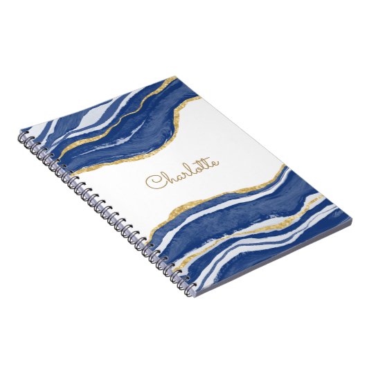 アゲート金ゴールドグリッター水カラーパーソナライズされたブルー ノートブック (右側)
