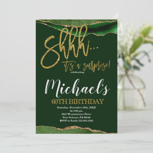 アゲート金ゴールド&グリーンサプライズ誕生日パーティー 招待状 (スタンド正面)