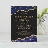 アゲート スウィート シックスティーン 16 ネイビーブルー ゴールド 誕生日招待状 招待状 (スタンド正面)