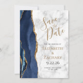 アゲート ネイビーブルー ゴールド マーブル 5枚写真付き Save the Date 招待状 (正面)