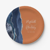 アゲート ネイビーブルー シルバー バーンオレンジ ウェディング ペーパープレート (正面)