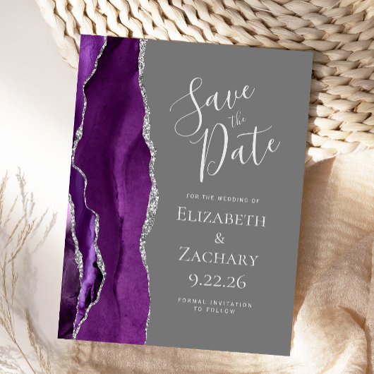 アゲート パープル シルバー グレー Save the Date ポストカード