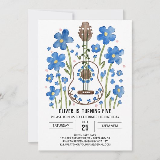アコーお洒落スティックギターボーイ誕生日 招待状 (正面)