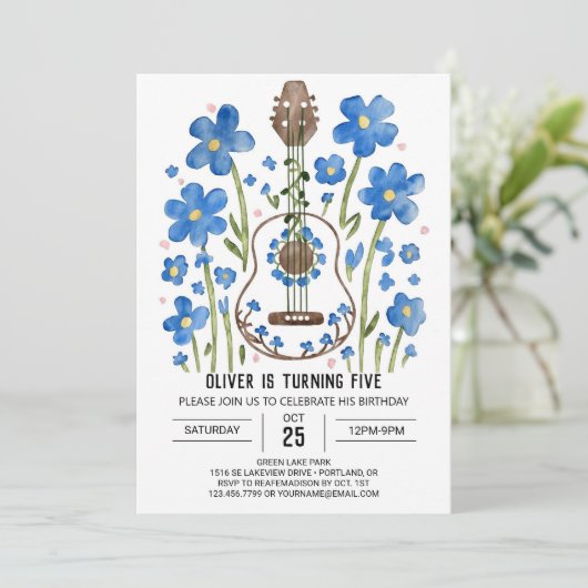 アコーお洒落スティックギターボーイ誕生日 招待状 (スタンド正面)