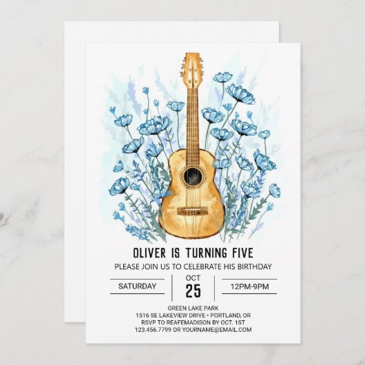 アコースティックお洒落ギターボーイ誕生日 招待状 (正面/裏面)