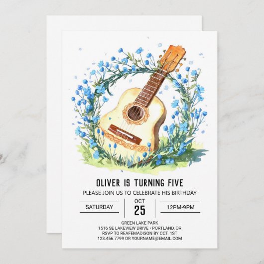 アコースティックキッズギターボーイ誕生日 招待状 (正面/裏面)