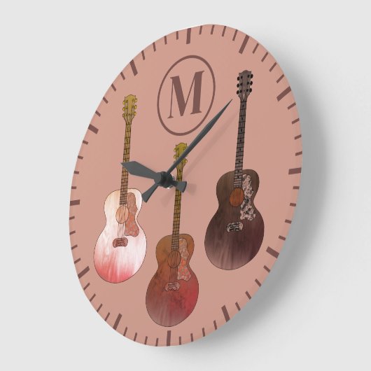 アコースティックギタパーソナライズされたー素朴ブラウン ラージ壁時計 (傾斜)