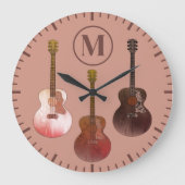 アコースティックギタパーソナライズされたー素朴ブラウン ラージ壁時計 (正面)