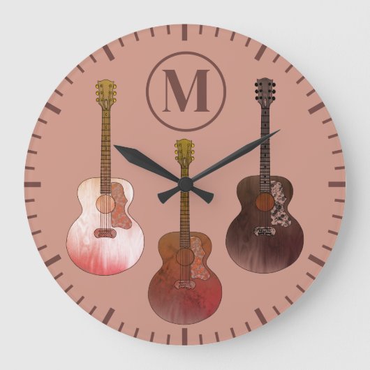 アコースティックギタパーソナライズされたー素朴ブラウン ラージ壁時計 (正面)
