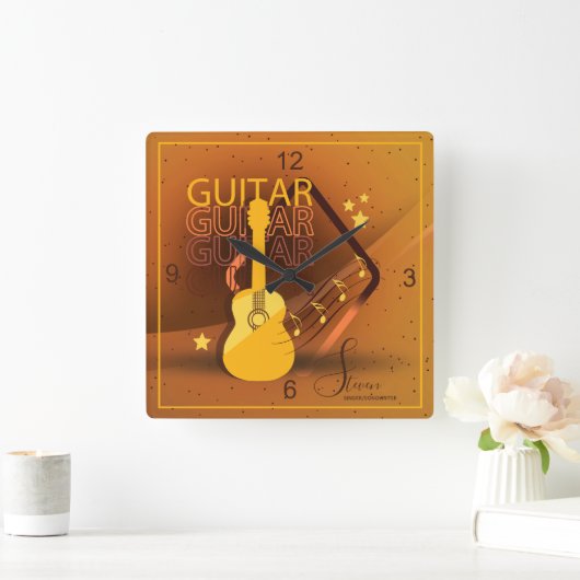 アコースティックギターの単語および音楽こはく色ID570 スクエア壁時計 (ホーム)
