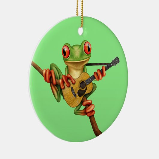 アコースティックギターの緑を遊んでいるかわいいアマガエル セラミックオーナメント (右)