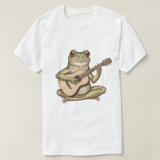 アコースティックギターを弾くユーモラスなカエル Tシャツ (デザイン正面)