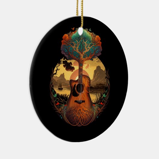 アコースティックギターツリーバイザレイクギタリスト夕日 セラミックオーナメント (右)