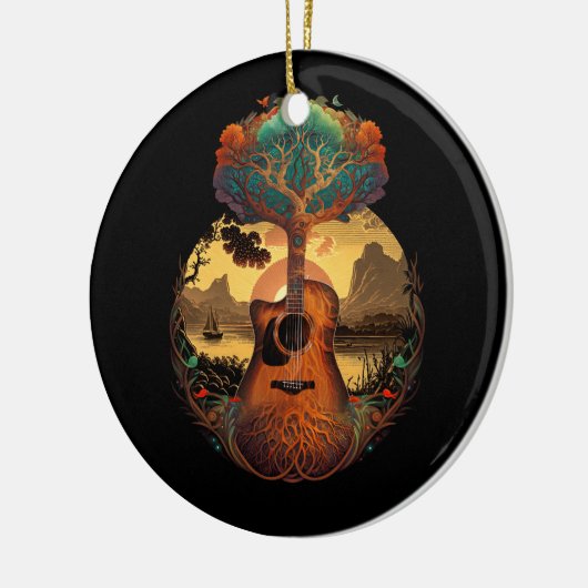 アコースティックギターツリーバイザレイクギタリスト夕日 セラミックオーナメント (左)
