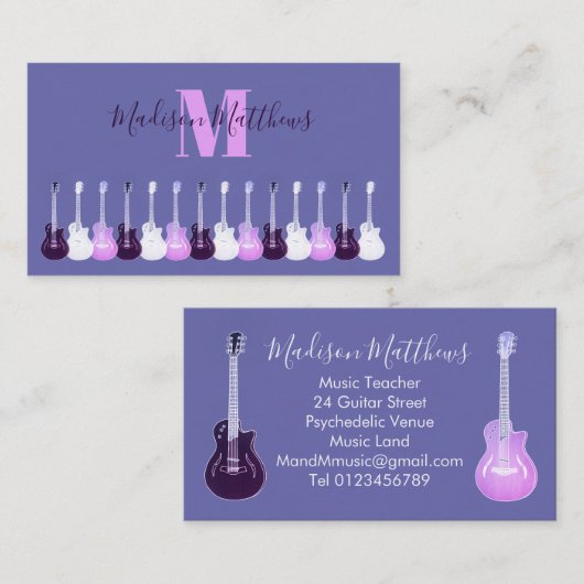 アコースティックギターパープルピンク音楽先生モノグラム 名刺 (正面/裏面)