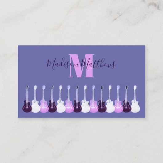 アコースティックギターパープルピンク音楽先生モノグラム 名刺 (正面)