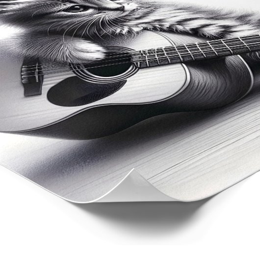 アコースティックギターペンシル付きかわいい子猫ポートレート ポスター (角)