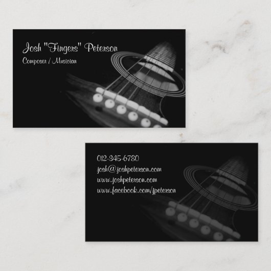 アコースティックギターミュージシャンブラックホワイトビジネスカード 名刺 (正面/裏面)