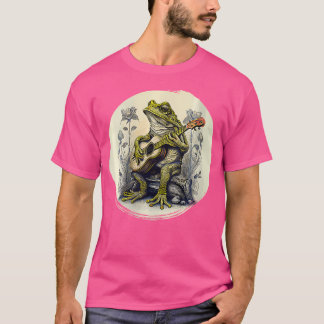 アコースティックギター付きウィメンズコテージコアフロッグ Tシャツ
