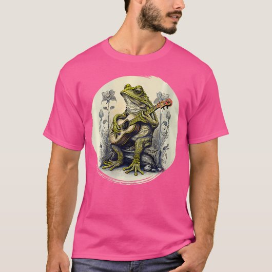 アコースティックギター付きウィメンズコテージコアフロッグ Tシャツ (正面)