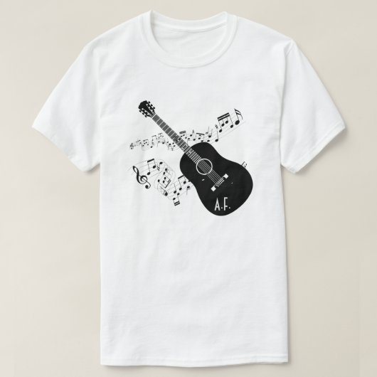 アコースティックギター及び音楽ノートのパーソナライズなギフト Tシャツ (デザイン正面)