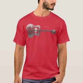 アコースティックギター 湖の夕焼け ギタリスト カントリーロック Tシャツ