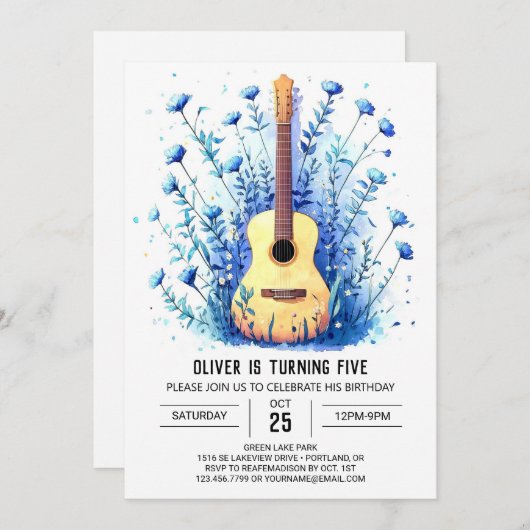 アコースティッククラシカルギターボーイ誕生日 招待状 (正面/裏面)