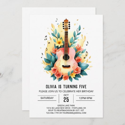 アコースティックミュージシャンギター誕生日 招待状 (正面/裏面)