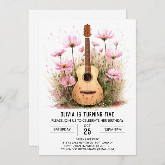 アコースティックミュージシャンギター誕生日 招待状 (正面/裏面)