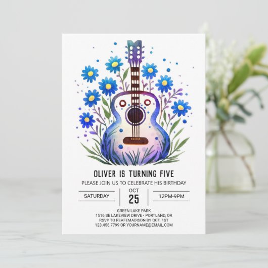 アコースティック印刷可能ギターボーイ誕生日 招待状 (スタンド正面)