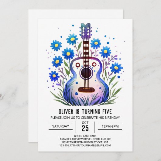 アコースティック印刷可能ギターボーイ誕生日 招待状 (正面/裏面)