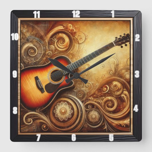 アコースティック芸術的ギタースワールとゴールデンデザイン スクエア壁時計 (正面)