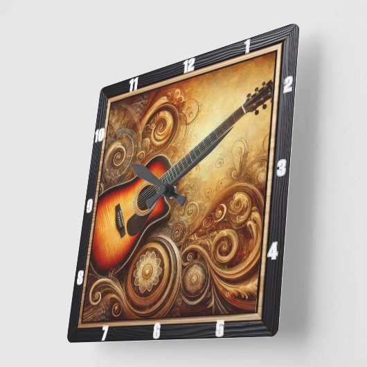 アコースティック芸術的ギタースワールとゴールデンデザイン スクエア壁時計 (傾斜)