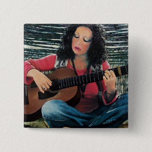 アコースティック遊ギターを使った女性の音楽 缶バッジ (正面)