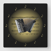 アコーディオンの3D金ゴールドの地球の~の楽譜の~の黒BG スクエア壁時計 (正面)