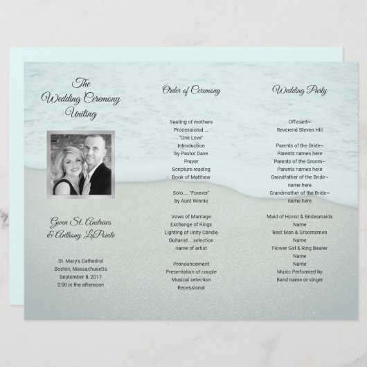 アコーディオン折り写真ビーチ結婚式プログラム (正面/裏面)