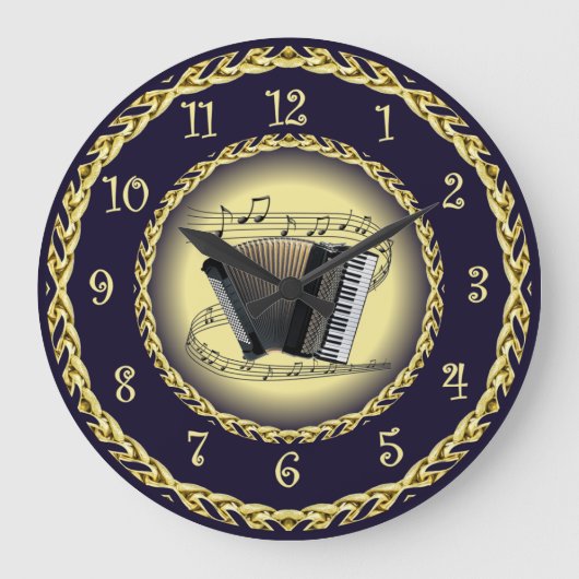 アコーディオン～ミュージカルスクロール～金ゴールド/ネイビーブルー～ ラージ壁時計 (正面)