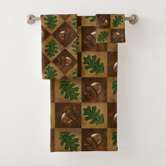 アコーンとオークの葉のチェッカーボードパターンのバスタオル バスタオルセット (インサイチュ)