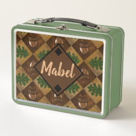 アコーンとオークの葉チェッカーボードパターンカスタムナム メタルランチボックス