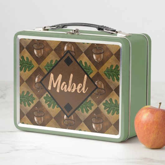 アコーンとオークの葉チェッカーボードパターンカスタムナム メタルランチボックス (インサイチュ)